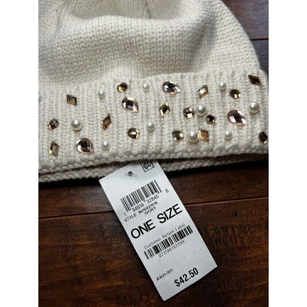 INC Black Embellished Pom Pom Beanie Cap Hat Ivory NWT
